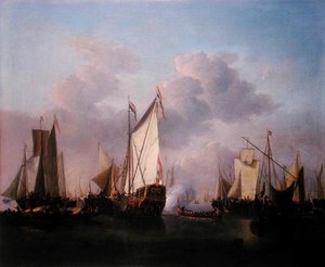 Een staatsjacht en andere schepen in een zeer lichte lucht, ca. 1655 door Willem van de Velde the Younger