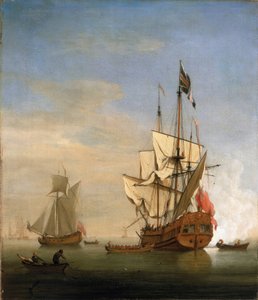 Een zesde rang (sixth rate), een klein Brits oorlogsschip, vuurt het kanon ter begroeting
