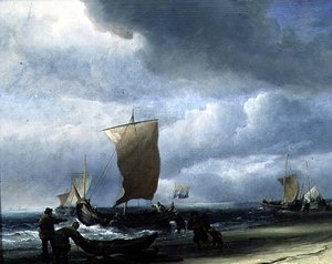 Vissersboten komen aan land door Willem van de Velde the Younger