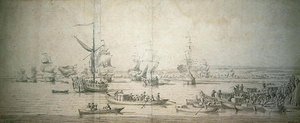 De aankomst van James, Hertog van York, op het Koninklijke Jacht in Chatham, om het eerste rang slagschip 