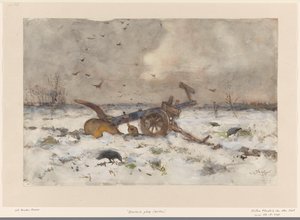 Ploeg op besneeuwde akker door Willem van der Nat