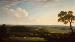 Uitgestrekt bebost landschap met een verre blik op een stad door Joseph Mallord William Turner