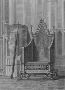 De Kroningsstoel van de Engelse Soevereinen, met het Schild en Zwaard van Staat van Edward de Derde, Westminster Abbey
