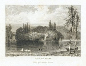 Virginia Water, Lake Surrey (Engeland), nabij Windsor, uitzicht op het Chinese paviljoen omgeven door bomen op een eiland in het midden van het meer. Gravure door J. Lewis naar William Daniell (1769-1837).