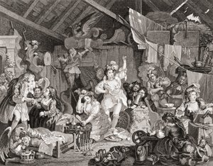 Rondtrekkende Spelers repeteren in een Schuur, gegraveerd door G Presbury, uit De Werken van Hogarth gepubliceerd Londen 1833 (zwart-wit gravure)