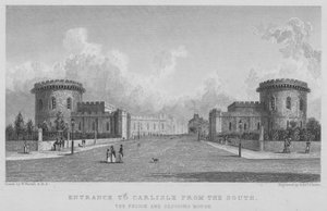 Ingang naar Carlisle vanuit het zuiden, de gevangenis en het gerechtsgebouw (gravure) door William (after) Westall