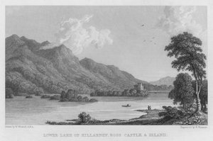 Lower Lake of Killarney, Ross Castle en eiland (gravure)