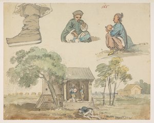 165 Figurenstudies en heiligdom, uit een Album van 372 tekeningen van landschappen, kustlijnen, kostuums en het dagelijks leven gemaakt tijdens Lord Macartney