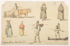 7 Figuren van Madeira, 1792, uit een Album van 372 tekeningen van landschappen, kustlijnen, kostuums en het dagelijks leven gemaakt tijdens Lord Macartney