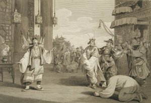 Een scène in een historisch toneelstuk opgevoerd op het Chinese podium, gegraveerd door James Heath, uitgegeven door G. Nicol, 1796 door William Alexander
