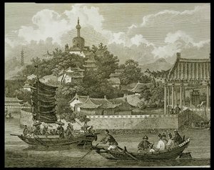 Een Uitzicht op de Tuinen van het Keizerlijk Paleis, Peking (detail), gegraveerd door Samuel Smith, uitgegeven door G. Nicol, 1796