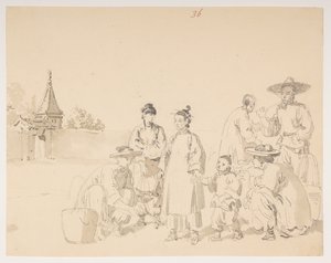 Een groep, uit een Album van 372 tekeningen van landschappen, kustlijnen, kostuums en het dagelijks leven gemaakt tijdens de ambassade van Lord Macartney naar de Keizer van China