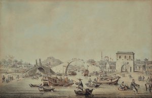 Chinese schuiten van de ambassade die zich voorbereiden om onder een brug door te varen