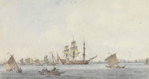 De Hindostan voor Anker in de Straat van Mi-a-tau van de Stad Ten-choo-fou bij de Ingang van de Golf van Pekin