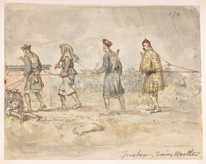 Spoorzoekers in regenachtig weer, uit een Album van 278 tekeningen van landschappen, kustlijnen, kostuums en het dagelijks leven gemaakt tijdens Lord Macartney