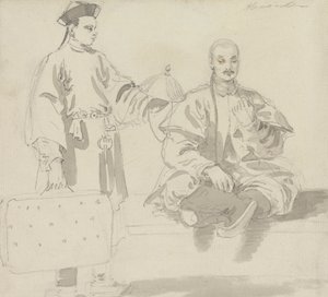 Twee Chinese figuren: een verkoper van hoeden en een man die met gekruiste benen zit en een pijp rookt door William Alexander