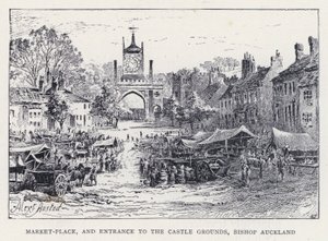 Marktplaats en ingang naar de kasteelgronden, Bishop Auckland (gravure)