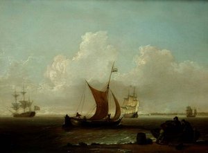Nederlandse schepen voor de kust van Holland met vissers die een boot laden aan de kust