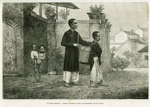 Een wandelende tovenaar, een blinde masseur. Gravure door Barbotin, ter illustratie van het verhaal Trente mois au Tonkin, in 1884, door dokter Paul Hocquard, in le tour du monde 1890, onder leiding van Edouard Charton (1807-1890), Hachette, Parijs