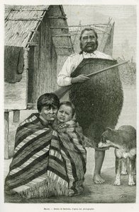 Drie generaties Maori. Gravure door Barbotin, ter illustratie van het verhaal Voyage a la Nouvelle Zelande, in 1889, door G.Verschuur, in le tour du monde 1890, onder leiding van Edouard Charton (1807-1890), Hachette, Parijs. door William Barbotin