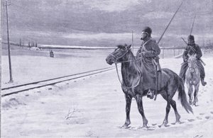 Bewaking van de spoorweg bij Mukden, illustratie uit Cassells History of the Russo-Japanese War Vol 1, ca. 1900 door William Barnes Wollen