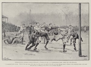 Internationale voetbalwedstrijd (Engeland v Wales) op 6 januari, in Birkenhead Park, Eerste Try voor Engeland