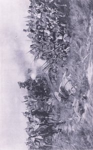 Het 28e Gloucester Regiment ontvangt Franse cavalerie bij Waterloo 18 juni 1815, illustratie uit Britse gevechten op land en zee, 1915 door William Barnes Wollen