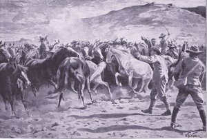 De vangst van de paarden in het Brandwater-district bij Fouriesburg: het bijeenbrengen van de kudde, illustratie uit Na Pretoria: De Guerrillaoorlog, 1902 door William Barnes Wollen
