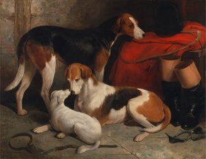 Een Paar Vossenjachthonden met een Terrier, eigendom van Lord Henry Bentinck door William Barraud