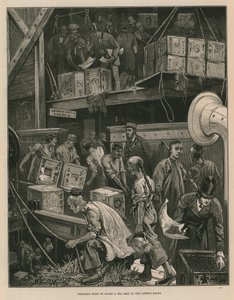 Lading lossen op een theeschip in de dokken van Londen (gravure) door William Bazett Murray