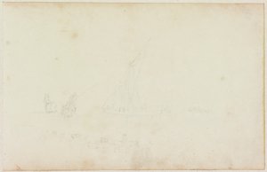 Schets van Schip Roeiboot en Ruiter met Rij Paarden door William Beilby