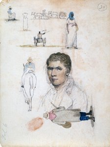 Acht kleine tekeningen, waaronder portret, figuurstudies, karren, door kunstenaar William Berryman door William Berryman