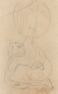 Een gehurkte figuur met een schild (verso) door William Blake