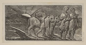 Jongen die vrolijk terugkeert, met ploeg en ossen, uit Thorntons Pastorals of Virgil, 1821 door William Blake