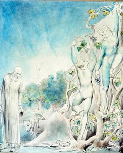 Comus ontmoet een van de broers die druk bezig is fruit te plukken om Lady te voeden. 19e eeuw door William Blake