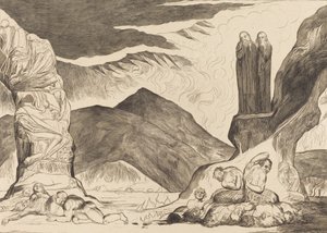 De Cirkel van de Vervalsers: Dante en Vergilius Bedekken hun Neus vanwege de stank, 1827 door William Blake