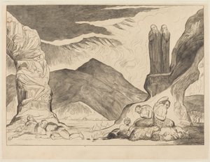 De cirkel van de vervalsers: Dante en Vergilius die hun neus bedekken vanwege de st door William Blake