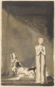 Het Eerste Boek van Urizen, plaat 24, Een jongen in een lange jurk, staand met gevouwen handen rechts van een hond door William Blake