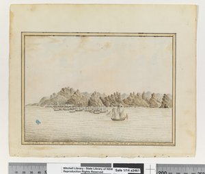 Santa Cruz aan de zuidoostkant van Tenerife; Sirius & Convoy in de wegen. Juni 1787. De Piek die in een kloof tussen twee andere bergen verschijnt door William Bradley