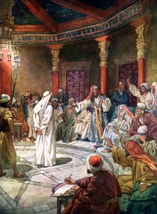 Jezus wordt ondervraagd door de hogepriester Kajafas door William Brassey Hole