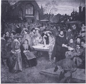 Ondertekening van het Nationale Verbond in Greyfriars Kerkhof 1638, uit Cassells Geschiedenis van het Britse Volk gepubliceerd door de Waverley Book Company Limited, ca. 1940 door William Brassey Hole