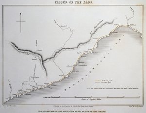 Kaart van passen in de Maritieme Alpen, kustweg tussen Genua en Nice, uit Illustraties van de passen van de Alpen waarmee Italië communiceert met Frankrijk, Zwitserland en Duitsland, door William Brockedon door William Brockedon