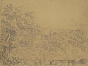 Recto: Landelijk landschap met klooster door William Brockedon
