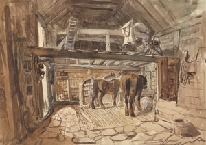 Interieur van een stal, met twee paarden die eten