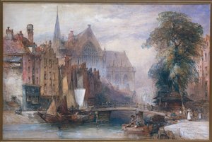 Gezicht op de Nieuwe Kerk en de Nieuwezijds Voorburgwal te Amsterdam, vanuit het Noorden door William Callow