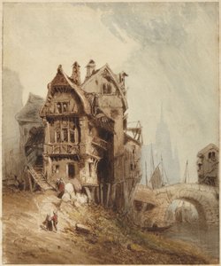 Huizen aan de rivier door William Callow