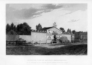 Buitenaanzicht van Astleys Amphitheatre in Londen zoals het verscheen in 1777