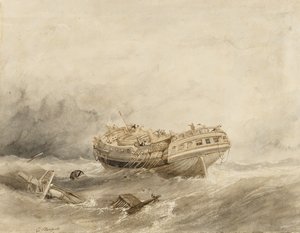 Een koopvaardijschip ontspoort in de kalmte na de storm. Aquarel door Clarkson Stanfield door William Clarkson Stanfield