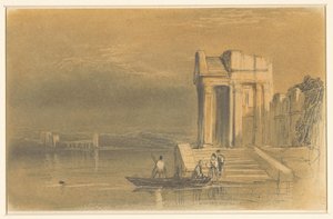 Tempelruïnes aan een meer in een Italiaans landschap door Clarkson Frederick Stanfield