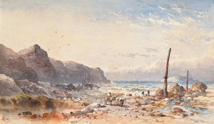 Een winderige dag met vissersvolk op het strand, 1874